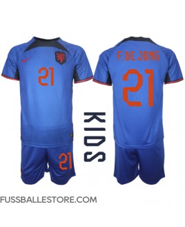 Günstige Niederlande Frenkie de Jong #21 Auswärts Trikotsatzt Kinder WM 2022 Kurzarm (+ Kurze Hosen)